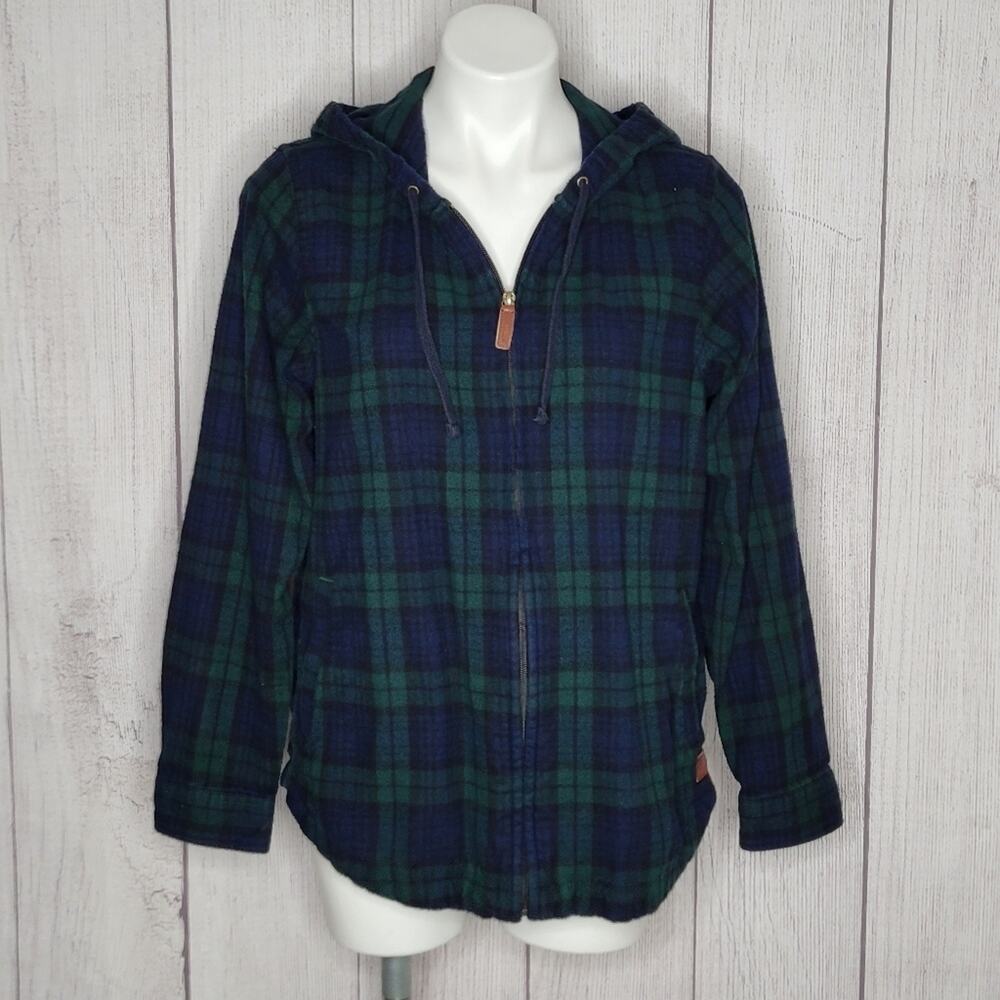 L.L. Bean Green/Blue Plaid Flannel Hooded Zip Long Sleeve Shirt, Size Medium